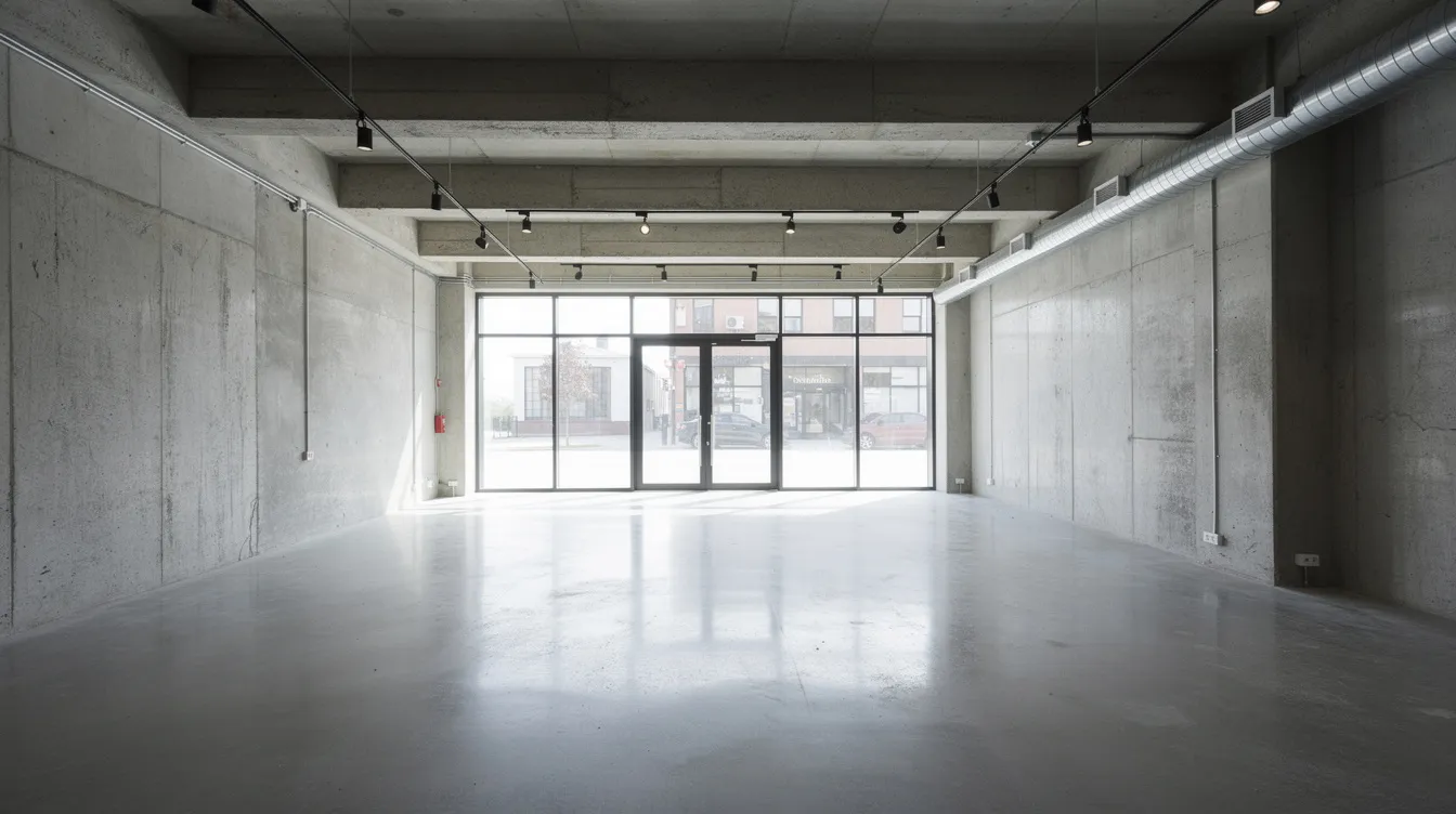The image depicts the interior of a commercial retail unit featuring exposed concrete walls and ceiling beams, showcasing the raw structural integrity of the space. This design allows for a versatile floor plan, ideal for property owners looking to make significant renovations while adhering to regulatory compliance.