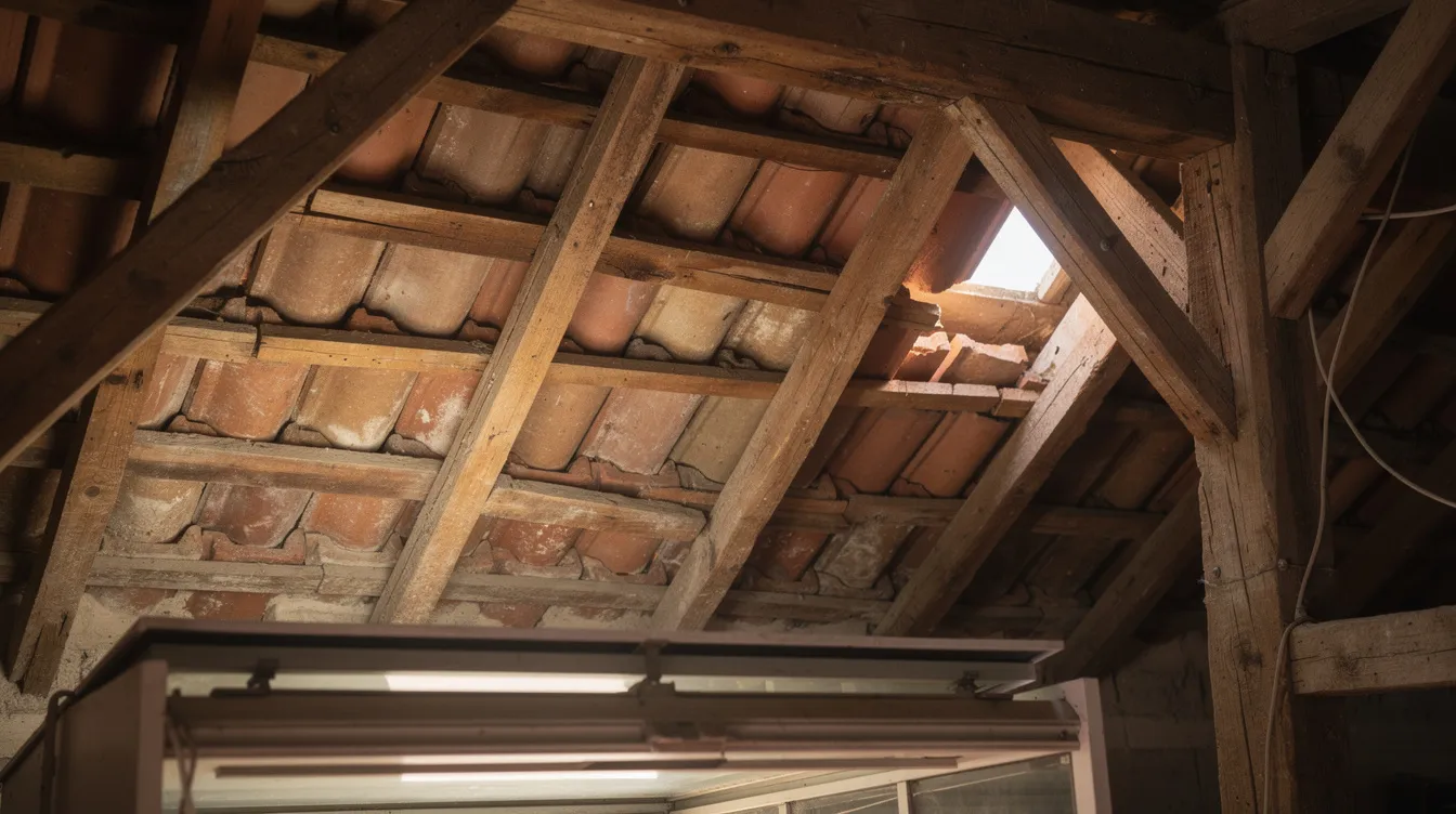 A close-up view of a timber roof truss and clay tiles is seen through an open attic hatch in a heritage building, showcasing the visible structural elements that may require periodic structural inspection (PSI) to ensure compliance with Singapore's Building Control Act and maintain structural integrity. This image highlights the importance of regular inspections for older buildings to address any potential safety risks.