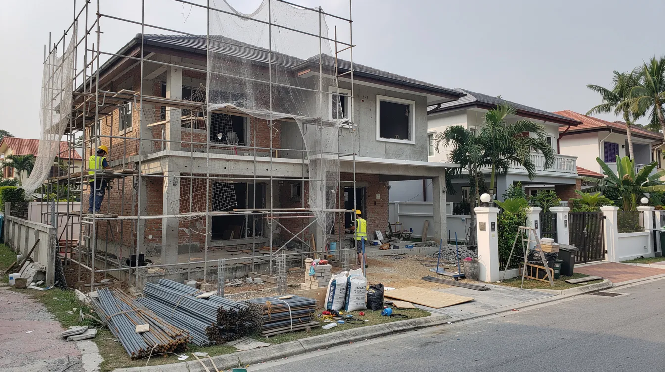 The image depicts a residential landed property in Singapore undergoing renovation, with scaffolding and structural work prominently visible, indicating ongoing construction efforts. This scene reflects the typical renovation costs and challenges that property owners may face in managing their investments.