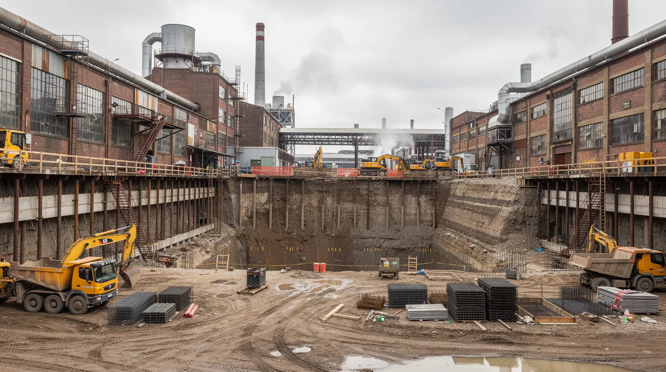 The image depicts an industrial site featuring a deep excavation with a retaining wall system, surrounded by factory buildings. This scene highlights critical aspects of geotechnical engineering, including ground improvement works and the assessment of soil conditions for stability and bearing capacity in construction projects.