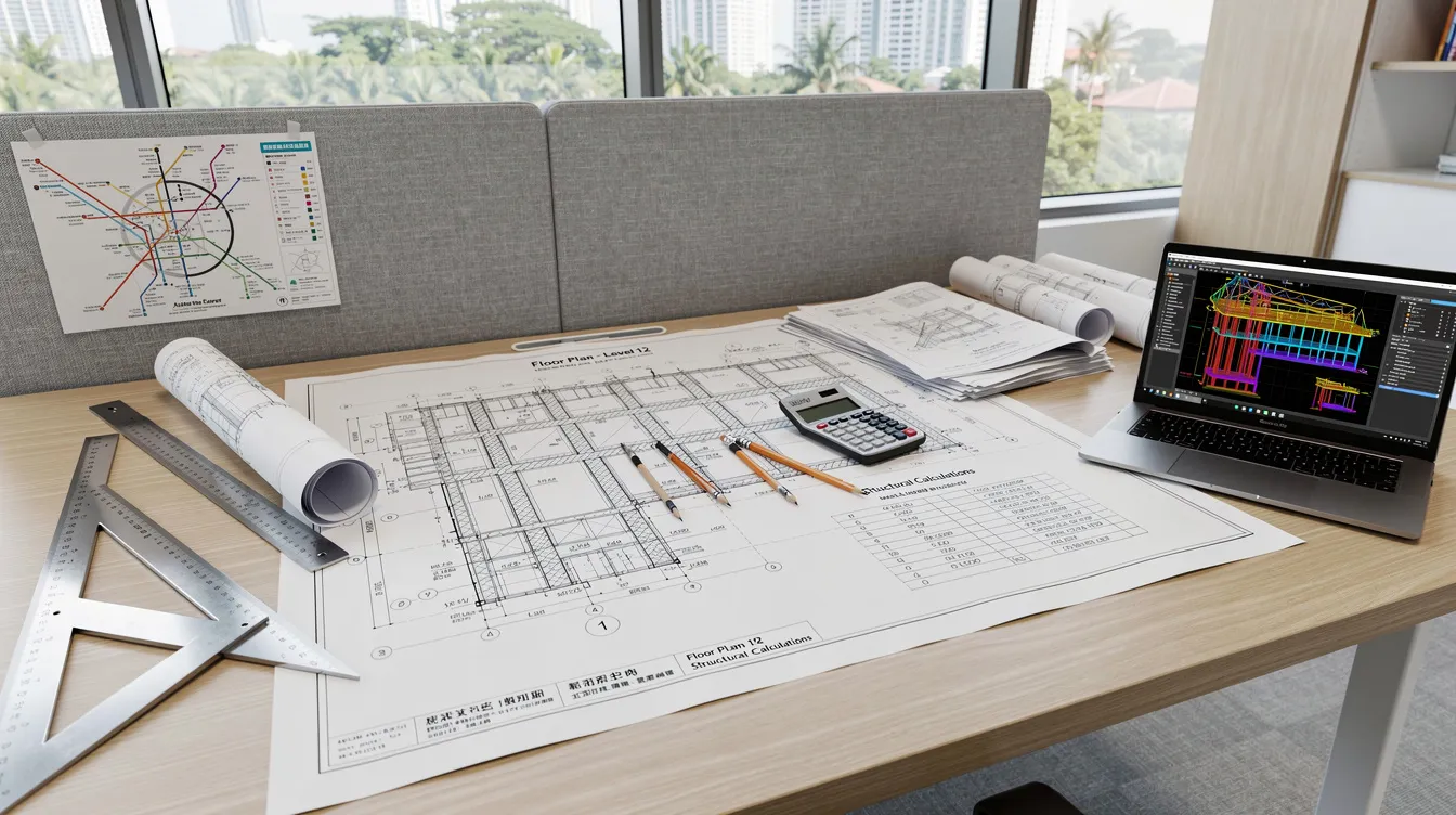 The image shows a cluttered desk in a Singapore engineering office, featuring floor plan drawings and structural calculations, which are essential for project management and ensuring compliance with the Building Control Act. These documents reflect the technical expertise required for successful office fit outs and renovations in commercial spaces, addressing factors like structural integrity and fire safety standards.