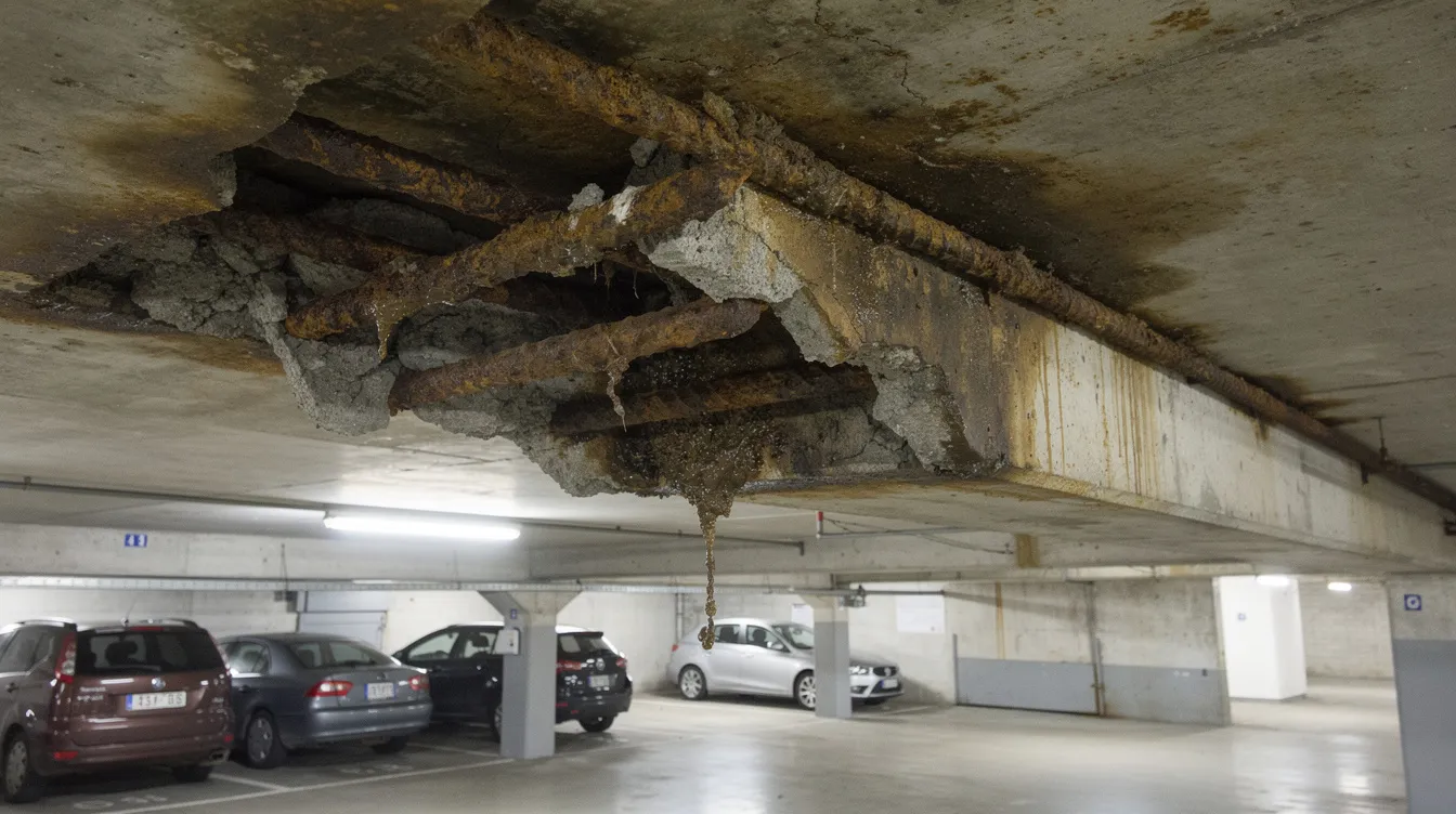 The image shows a concrete slab soffit in a parking structure, displaying visible water staining and exposed, corroded reinforcement bars, indicating potential structural defects. This highlights the importance of periodic structural inspections (PSI) to ensure the structural integrity and safety of non-residential buildings, as mandated by the Building Control Act.
