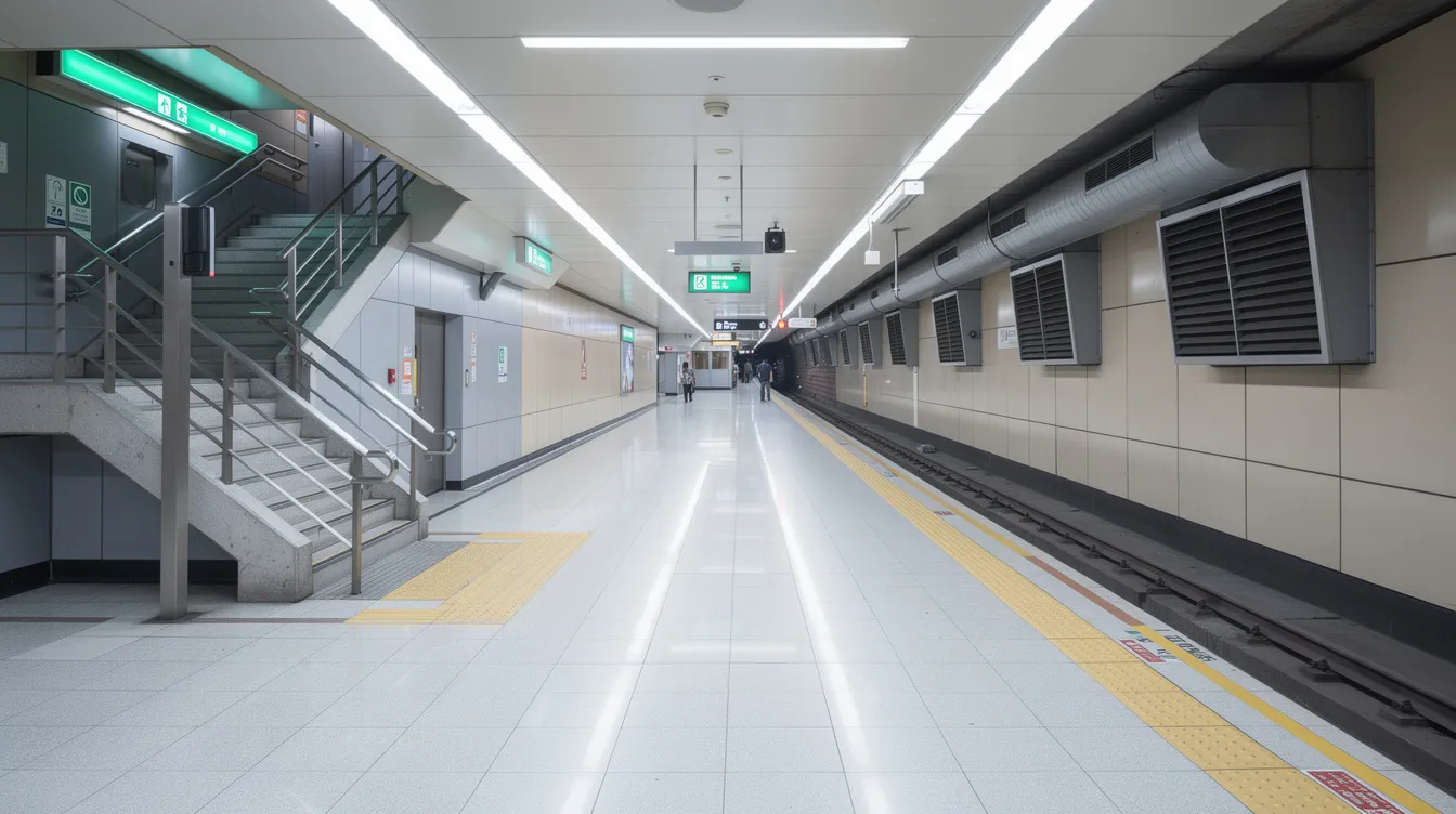 The image depicts an underground MRT station platform featuring emergency exit staircases and ventilation shafts, highlighting essential fire safety measures such as clear exit signage and fire protection systems. These elements are crucial for ensuring compliance with fire safety regulations and enhancing the safety of passengers in case of emergencies.