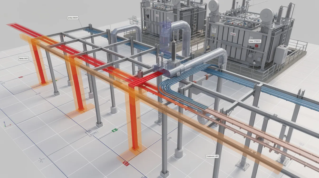 The image depicts a 3D coordination model illustrating clash detection between structural elements and utility routes in a substation area, highlighting the importance of proper planning and coordination among the project team to avoid unexpected costs and ensure compliance with regulatory requirements. This visual representation is essential for successful renovation and construction projects, providing clear communication for all involved parties.