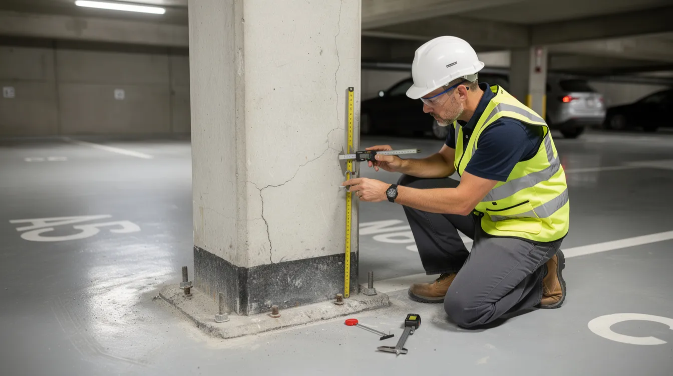 A structural engineer is inspecting the base of a concrete column inside a multi-storey car park, using measuring tools to assess its structural integrity. This periodic structural inspection is crucial for identifying any potential structural defects and ensuring the safety of the building for owners and users alike.