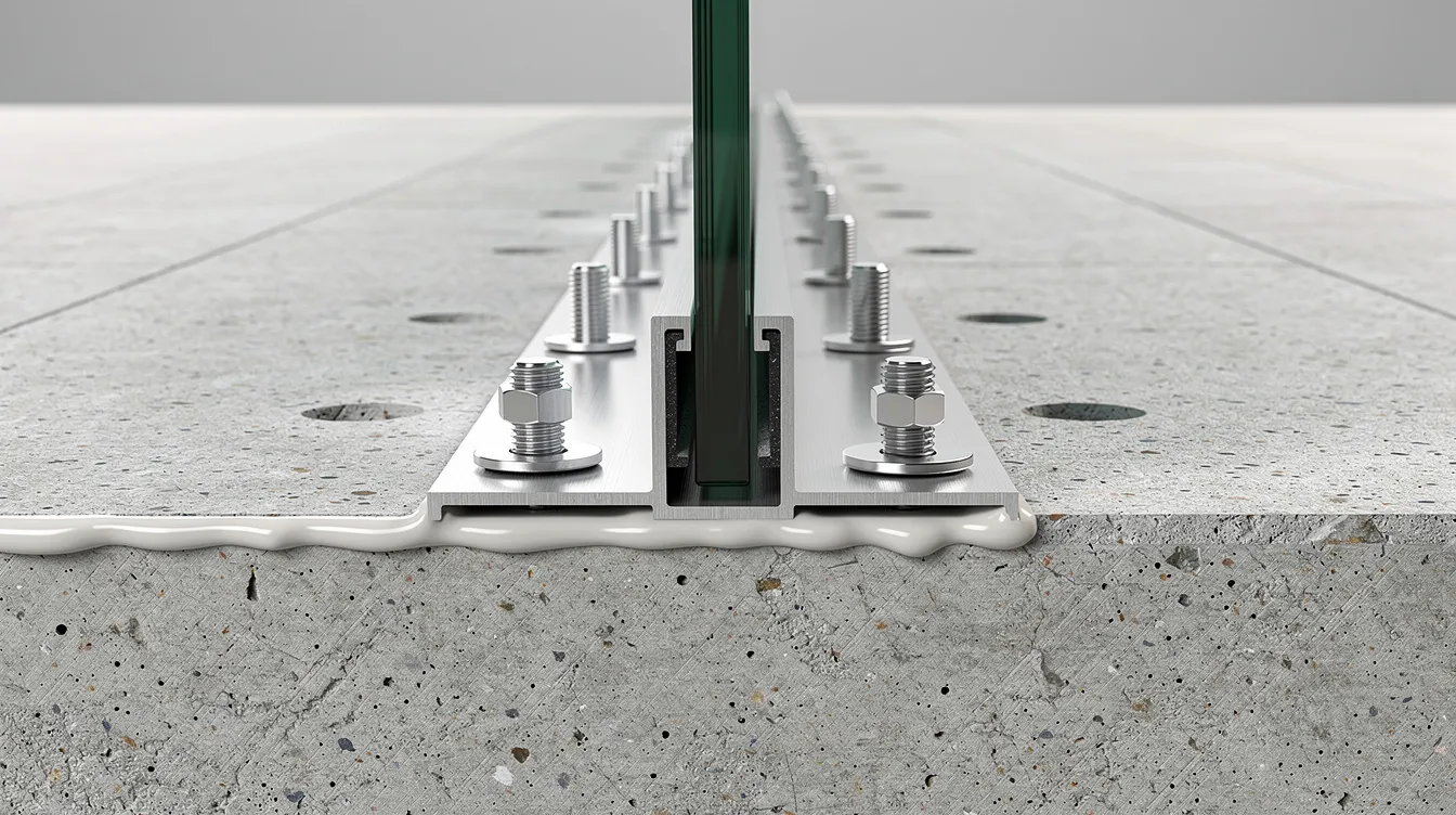 A close-up view of a glass balustrade base shoe anchored to a concrete substrate, showcasing the anchor bolts and sealant, emphasizes the importance of accurate design drawings to avoid common mistakes that can lead to costly rework during installation. This detail highlights the need for careful planning and verification to ensure consistency and efficiency in architectural projects.
