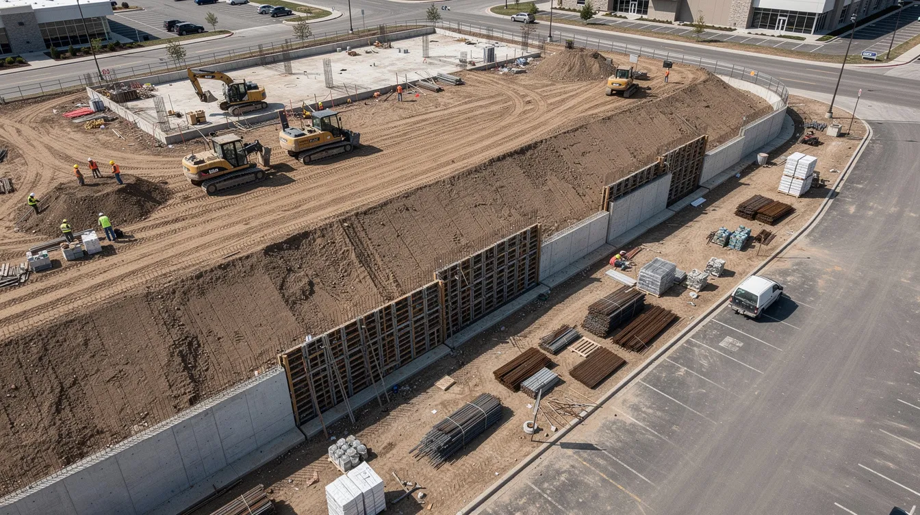 The image shows an aerial view of a commercial construction site where concrete retaining walls are being formed along a boundary slope, highlighting the importance of professional engineer endorsements for compliance with construction plans and project requirements. This scene emphasizes the critical role of qualified professionals in ensuring safety and adherence to regulations during renovation projects.