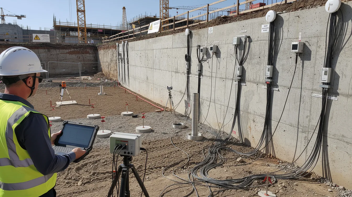 The image depicts a construction site where geotechnical monitoring instruments are installed near a retaining wall and ground improvement zone, highlighting the focus on assessing soil conditions and ensuring stability for the project. Engineers are likely utilizing these tools to evaluate ground improvement works and analyze the bearing capacity of the fill materials used in the construction process.