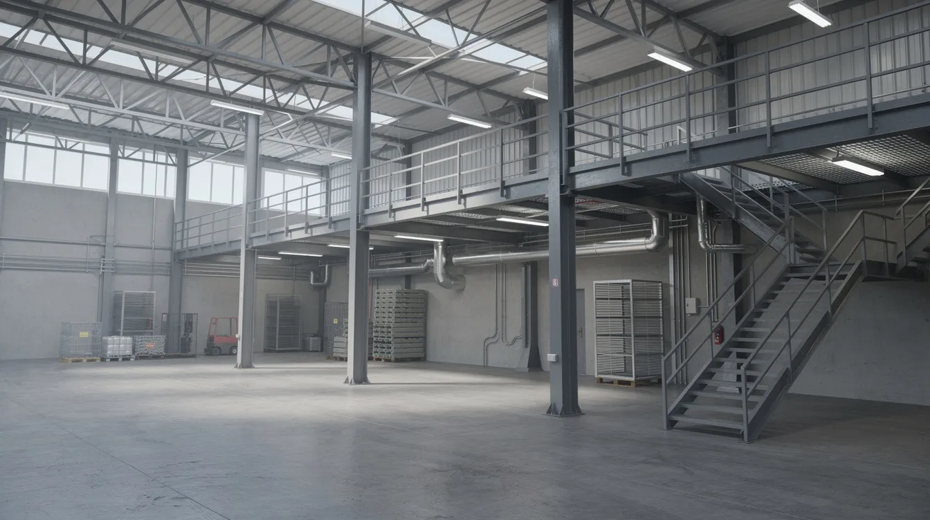 The image depicts the interior of an industrial factory space featuring a steel mezzanine platform that supports additional storage above the warehouse floor. This layout reflects a complex yet efficient design, creating a valuable foundation for the factory's operations and processes.