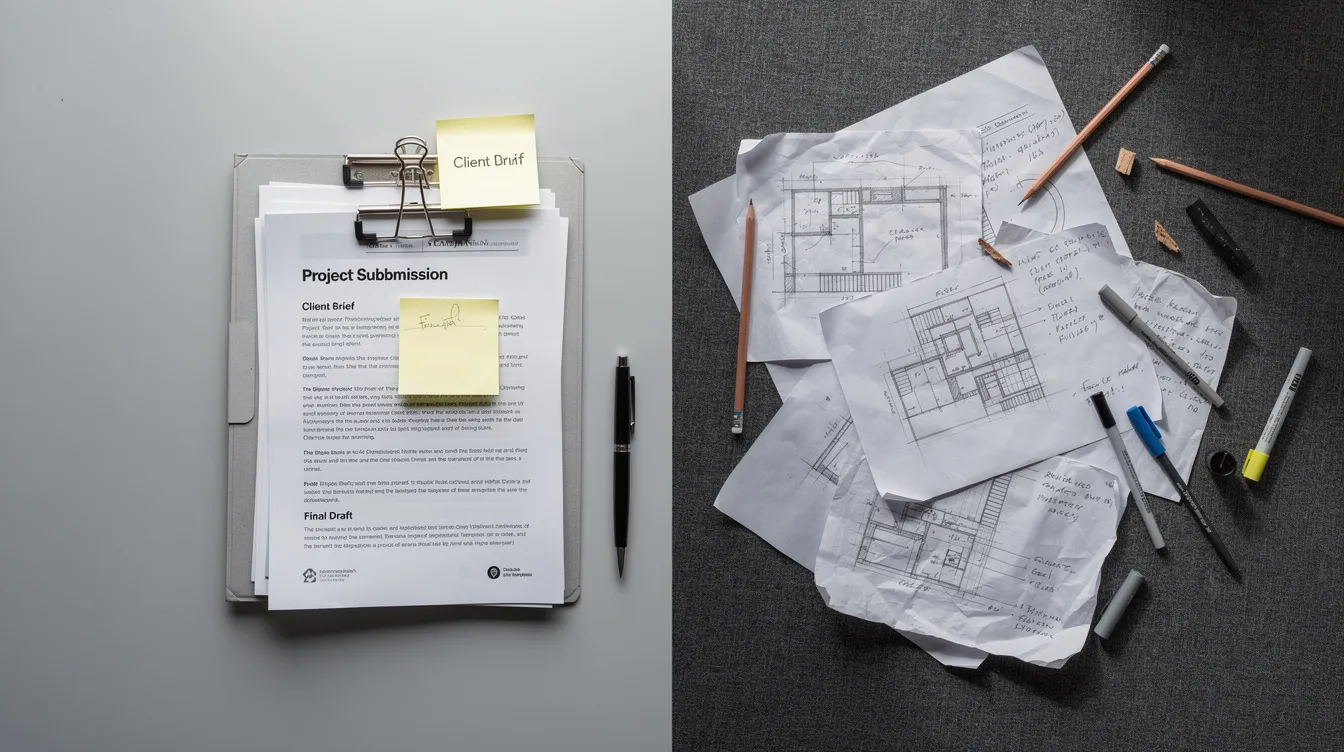 The image shows a side-by-side comparison of organized submission documents neatly arranged on one side of a desk, while the other side displays scattered and uncoordinated drawings. This highlights the importance of clear communication and practical steps to avoid delays and common mistakes in the permit approval process for construction projects.