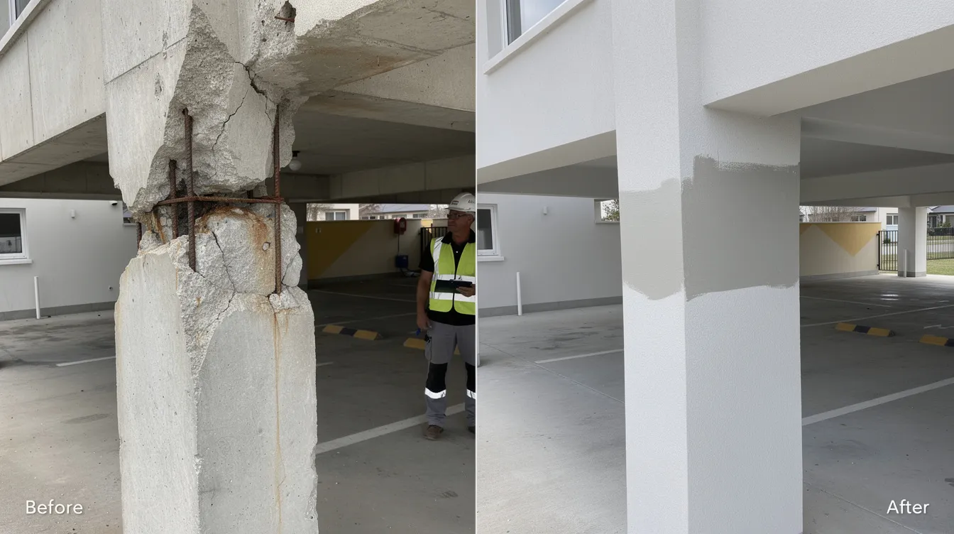 The image shows before-and-after photos depicting concrete spalling and corrosion issues identified during a Pre-Structural Inspection (PSI) at a residential condominium estate in Singapore. The first photo illustrates the damaged areas, while the second highlights the successful structural repairs, emphasizing the importance of maintenance to ensure the longevity of apartments and attract potential buyers in the market.