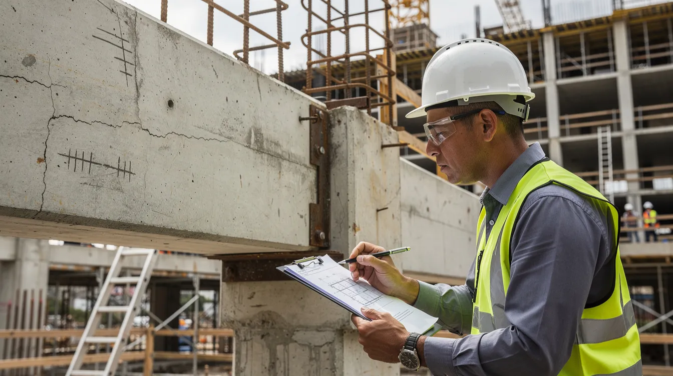A structural engineer is closely inspecting reinforced concrete beams at a construction site, ensuring compliance with safety standards and assessing the structural integrity. This careful evaluation is crucial for managing costs and risks associated with the project, which may include renovation costs and other expenses for the business.