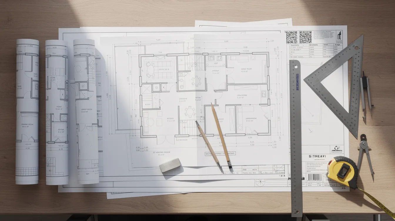 The image shows architectural blueprints and detailed floor plans laid out on a desk, accompanied by various measurement tools essential for the renovation project. This scene captures the meticulous planning process involved in home renovation, highlighting the importance of proper planning and obtaining necessary permits before construction begins.