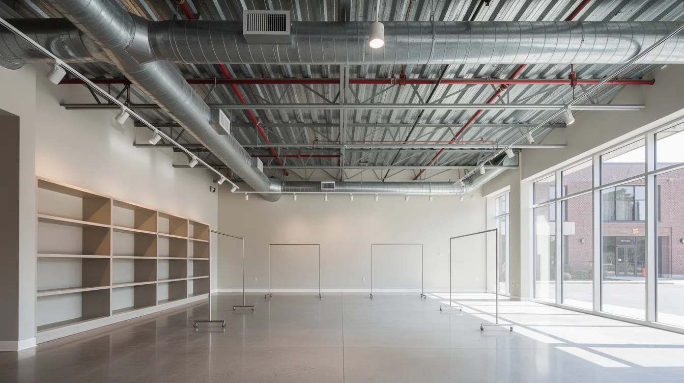 The image depicts an open plan commercial retail space featuring an exposed ceiling with visible sprinkler heads and ducting, illustrating the structural integrity of the existing structure. This layout emphasizes the potential for renovation work, providing a spacious environment for property owners and interior designers to envision their design plans.