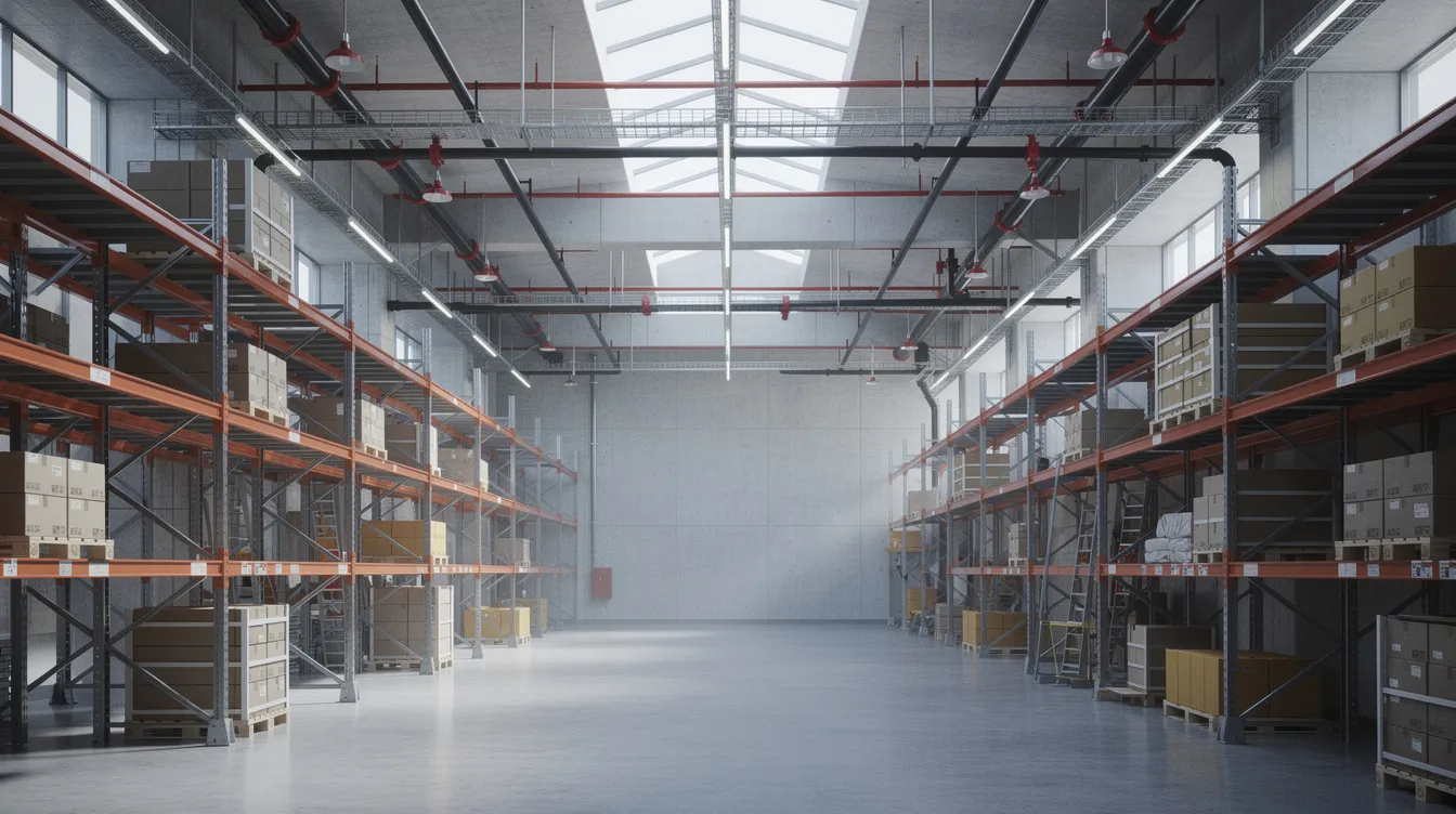 The image depicts the interior of an industrial warehouse featuring tall steel racking systems and visible sprinkler pipework along the ceiling, highlighting essential fire protection systems. This layout emphasizes the importance of fire safety compliance and the need for a valid fire safety certificate to ensure the safety of occupants and property.
