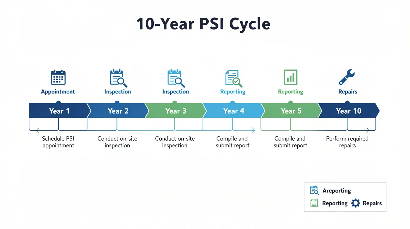 The image is an infographic illustrating a 10-year PSI cycle timeline, featuring key milestones such as appointment, inspection, reporting, and repairs. It highlights the development process for condominium buyers in Singapore, emphasizing the importance of estimating prices and the limited availability of bigger units in the market over the years.