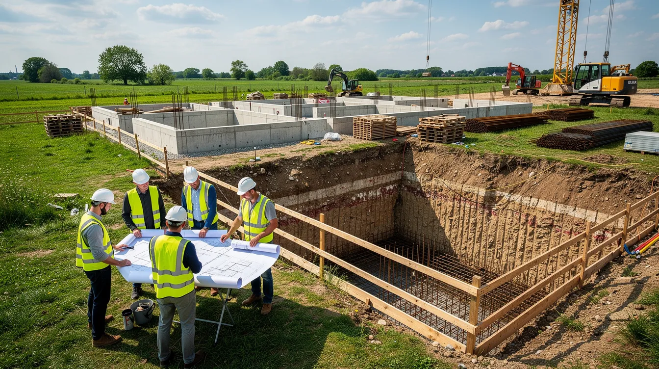 The image depicts a bustling residential construction site on a vast green plot, where construction personnel, including engineers, are intently reviewing structural drawings near an excavation area. This scene reflects the ongoing general building works, highlighting the importance of having an approved person overseeing the project in accordance with the building control act.