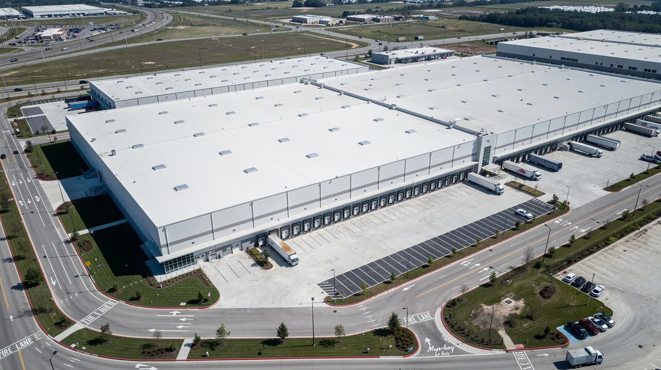 An aerial view of a large industrial warehouse complex shows multiple loading docks and well-defined fire engine access roads, highlighting the importance of fire safety systems such as fire alarm panels and emergency lighting for compliance with fire safety regulations. The layout emphasizes clear escape routes and the presence of fire protection equipment, essential for ensuring the safety of occupants in the event of an emergency.