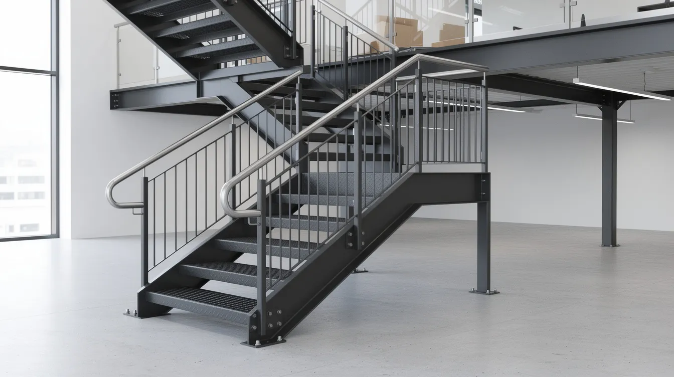 The image shows a detailed view of a compliant steel staircase with handrails and landings, connecting the office mezzanine to the main floor level, illustrating key structural works in a construction project. This setup emphasizes the importance of clear communication and proper planning to avoid common mistakes that can lead to permit delays and disputes.