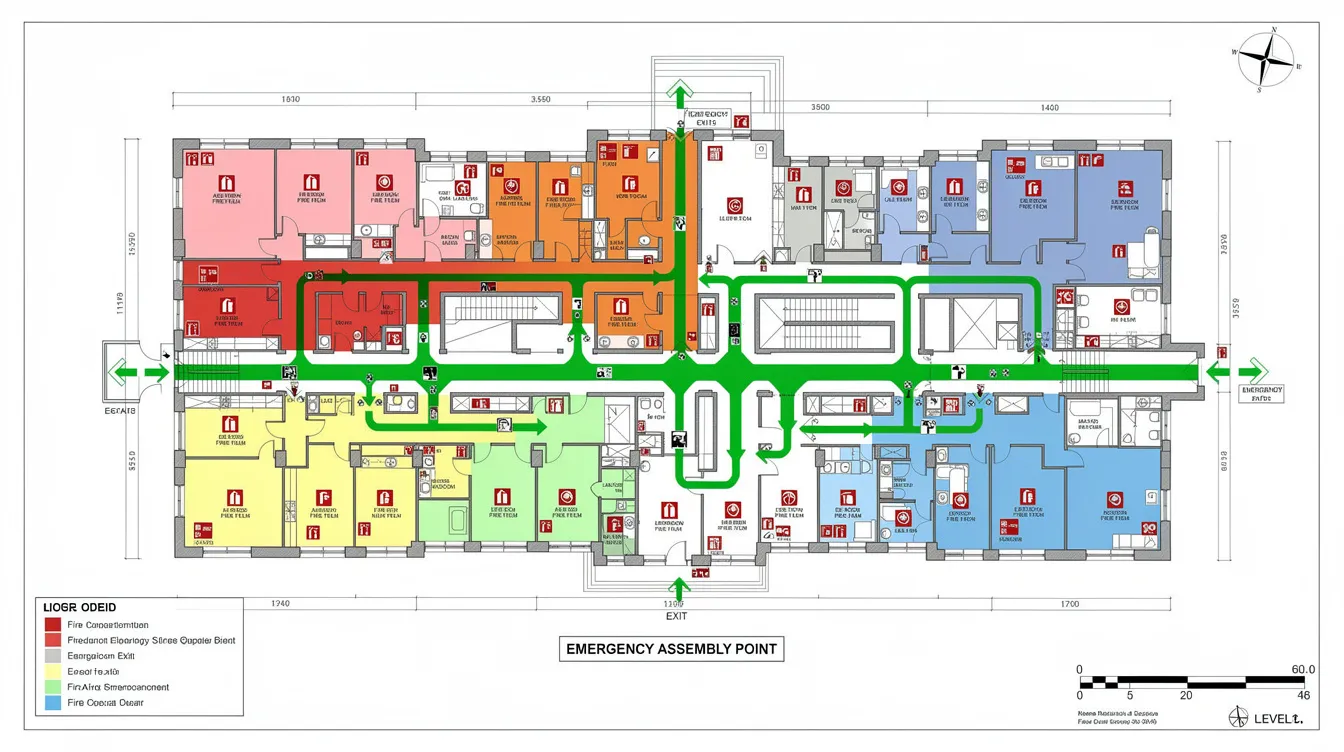 The image depicts an architectural fire safety floor plan featuring color-coded compartment zones and clearly marked exit paths, essential for ensuring compliance with fire safety regulations. This layout aids building owners and qualified persons in understanding fire protection systems, escape routes, and emergency lighting arrangements for effective fire safety management.