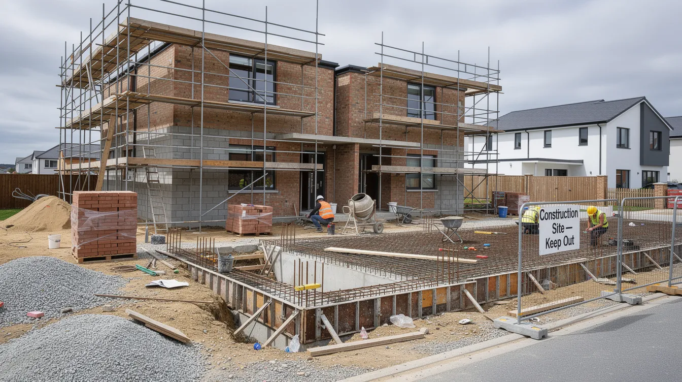 The image depicts a semi-detached house construction site featuring scaffolding and ongoing foundation works, highlighting the essential elements of site supervision and compliance with building control regulations. Workers and equipment are visible, emphasizing the importance of maintaining systematic documentation and adhering to safety standards throughout the construction phase.