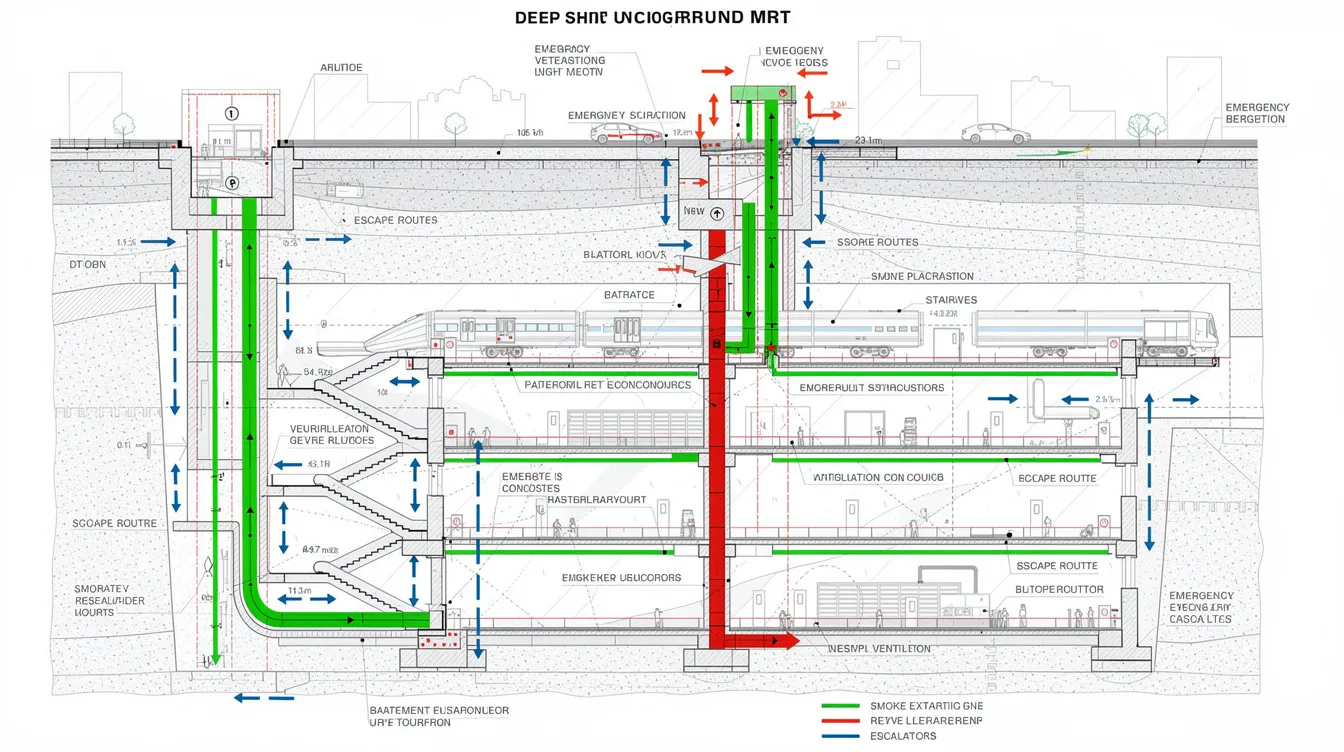 The image depicts a cross-section diagram of a deep underground MRT station, illustrating various escape routes and smoke extraction shafts designed to enhance fire safety. Key features include clearly marked fire exits and fire protection systems, ensuring compliance with SCDF fire safety regulations and providing essential safety measures for building owners and occupants.