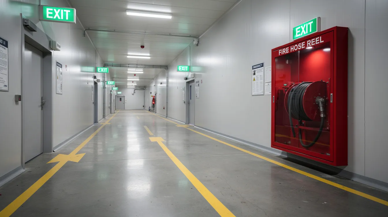 The image depicts a factory corridor featuring clearly visible exit signs and an unobstructed fire hose reel cabinet, emphasizing essential fire safety provisions. This layout ensures compliance with fire safety regulations and provides safe escape routes for occupants in case of an emergency.
