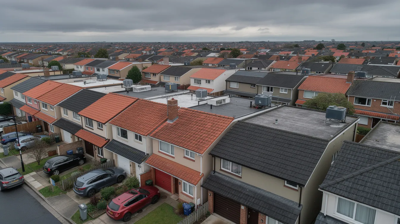 An aerial view captures a row of landed terrace houses, showcasing various roof structures, including concrete flat roofs and roof tiles, under overcast skies. The image highlights the importance of proper waterproofing and roof drainage outlets to prevent water ingress during heavy monsoon rains, which can lead to costly repairs and structural damage.