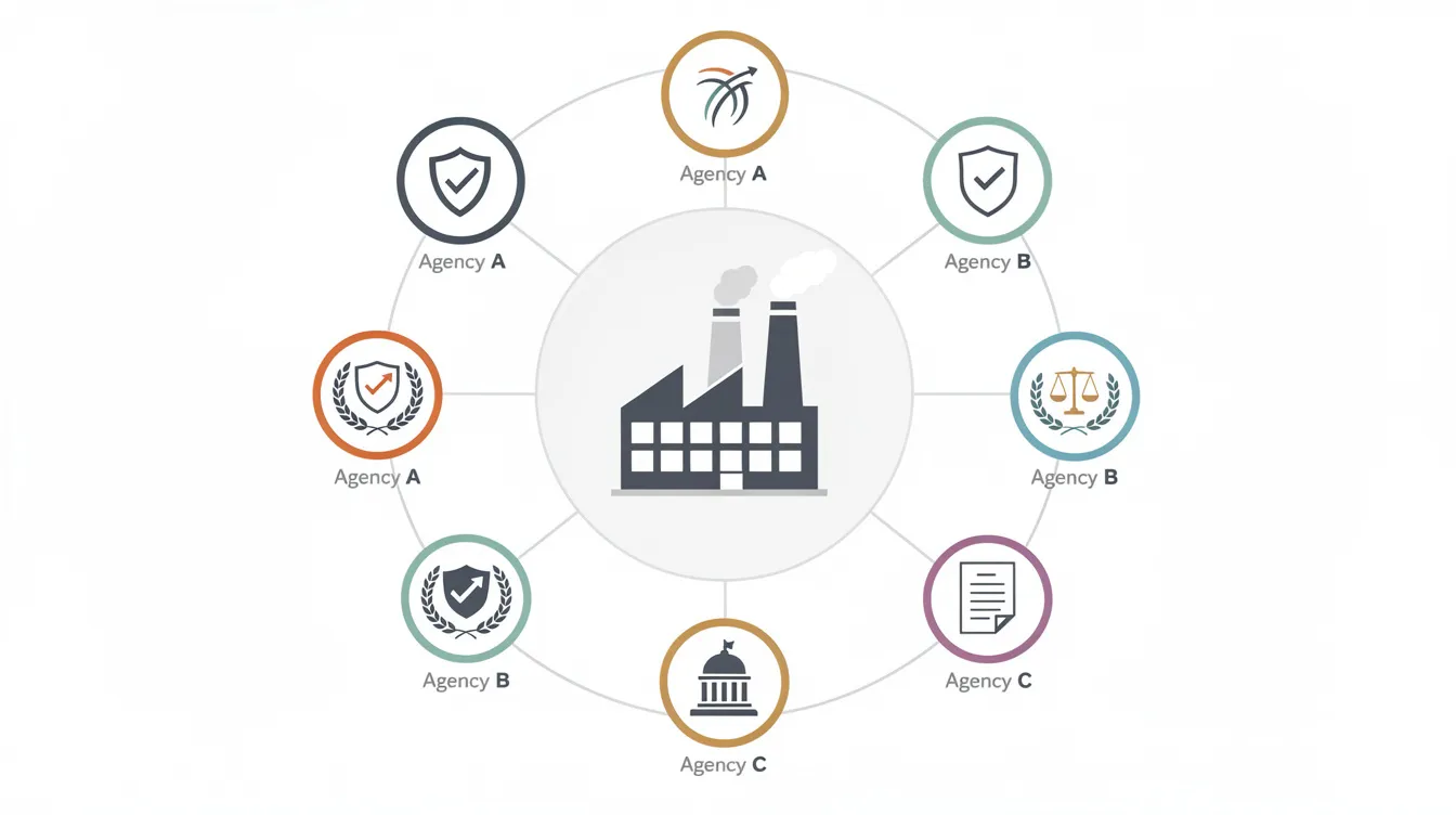 The image depicts a diagram featuring various regulatory agency logos interconnected by lines to a central icon of a factory building, symbolizing the foundation of a complex process that guides the development of industry standards. This visual representation serves as a roadmap for understanding the regulatory landscape, reflecting the valuable support these agencies provide to ensure compliance and safety in manufacturing.