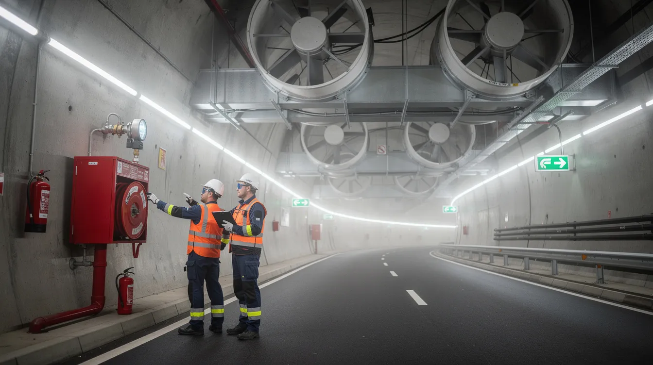 Engineers are inspecting fire protection equipment inside a transport tunnel, with visible ventilation fans in the background. This scene highlights the importance of regular fire safety inspections and ensuring compliance with fire safety regulations to mitigate potential fire hazards.