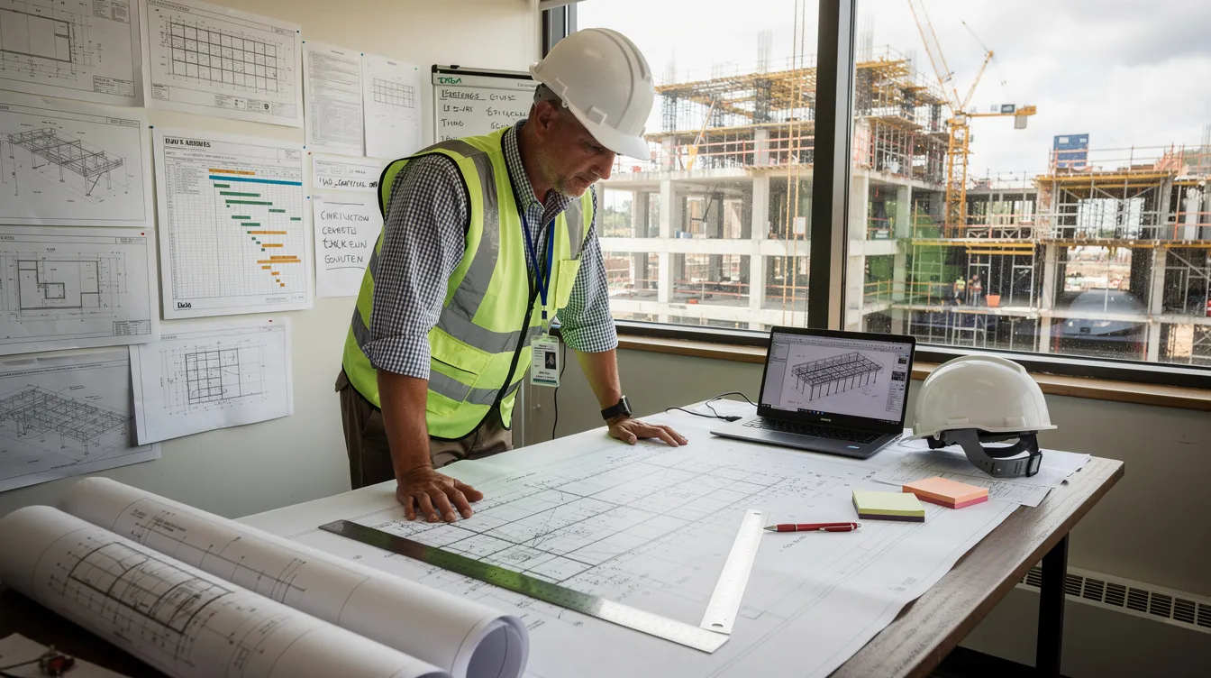An engineer is reviewing structural drawings at a construction site office, ensuring compliance with building control regulations and maintaining systematic documentation for the project. This oversight is crucial for the project's qualified person to meet the requirements of relevant agencies and uphold safety standards throughout the construction phase.
