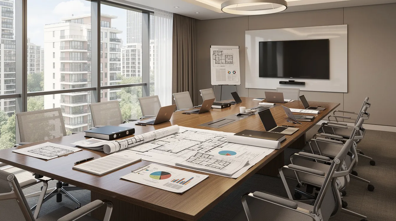 The image depicts a condominium management meeting room with a large table covered in financial documents and detailed building plans. This setting suggests discussions about the development and sale of bigger units in Singapore's competitive market, focusing on pricing and future estimates for potential buyers.