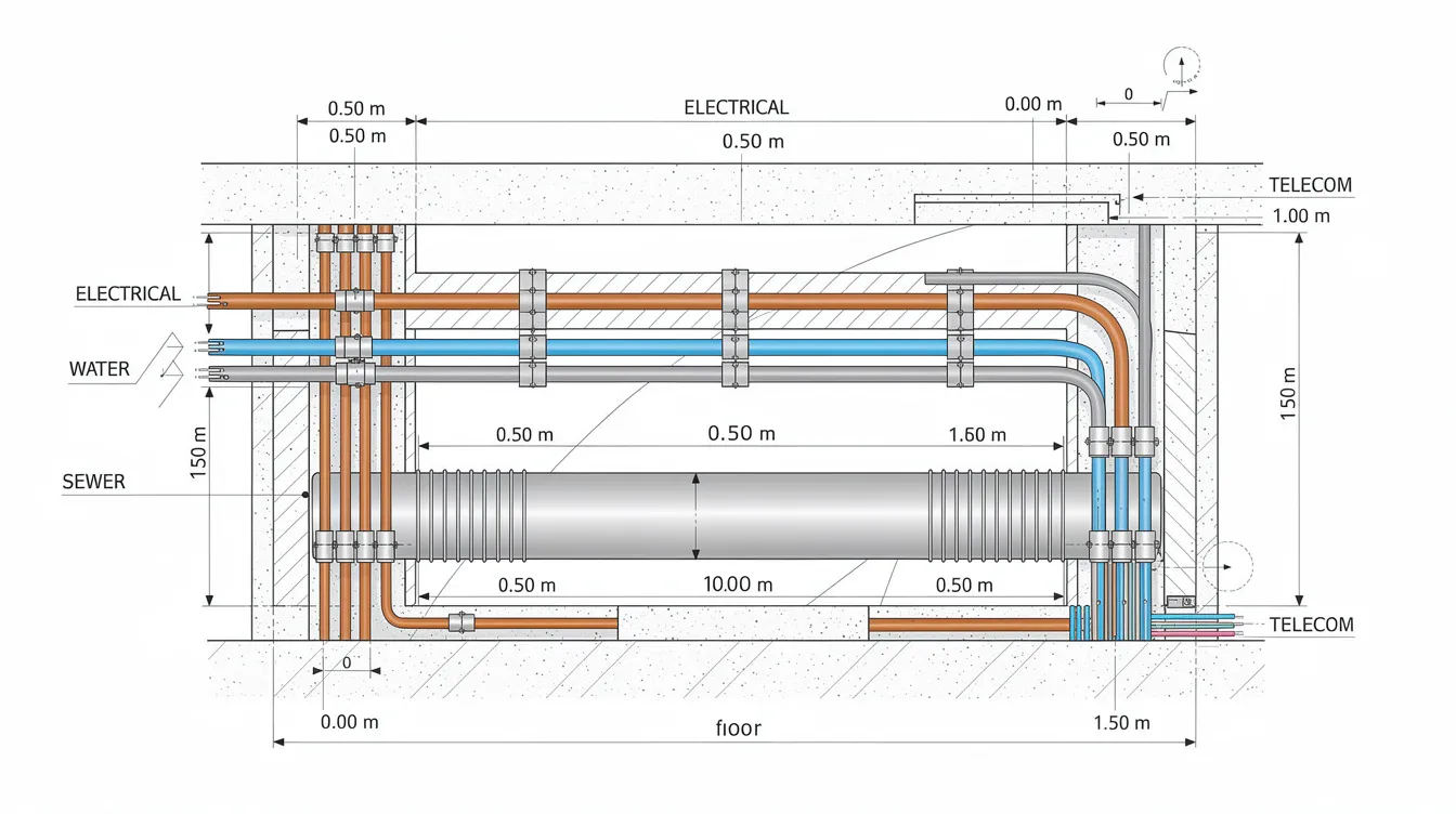 This cross-section diagram illustrates a coordinated utility corridor containing electrical cables, water pipes, sewer lines, and telecom ducts, along with clearance dimensions for proper planning and compliance with regulatory requirements. The layout emphasizes the importance of coordination among the project team and relevant authorities to avoid unexpected costs and ensure a successful renovation project.