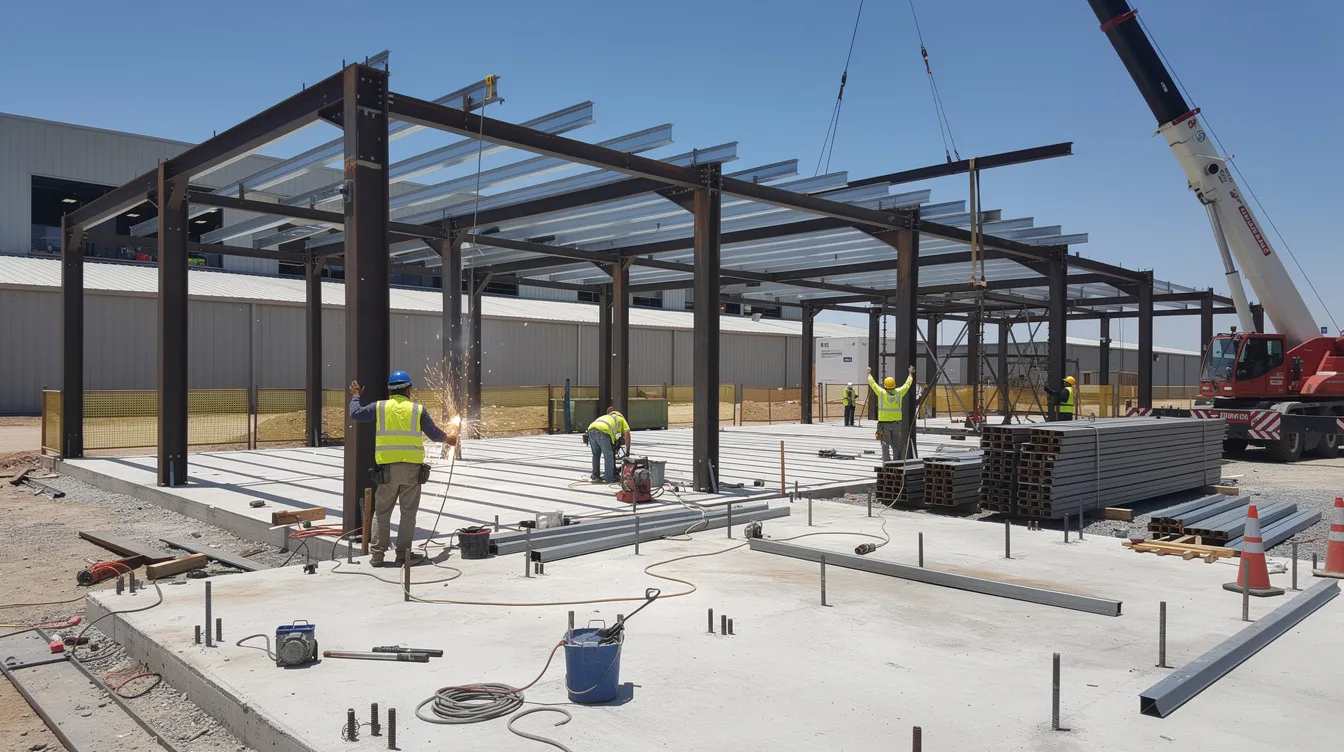 The image depicts construction workers actively engaged in the installation of steel framing for an industrial building extension, highlighting the importance of structural safety and compliance with BCA regulations. The site is bustling with activity, showcasing the collaborative efforts required to meet safety standards and ensure regulatory approval for the project in Singapore.