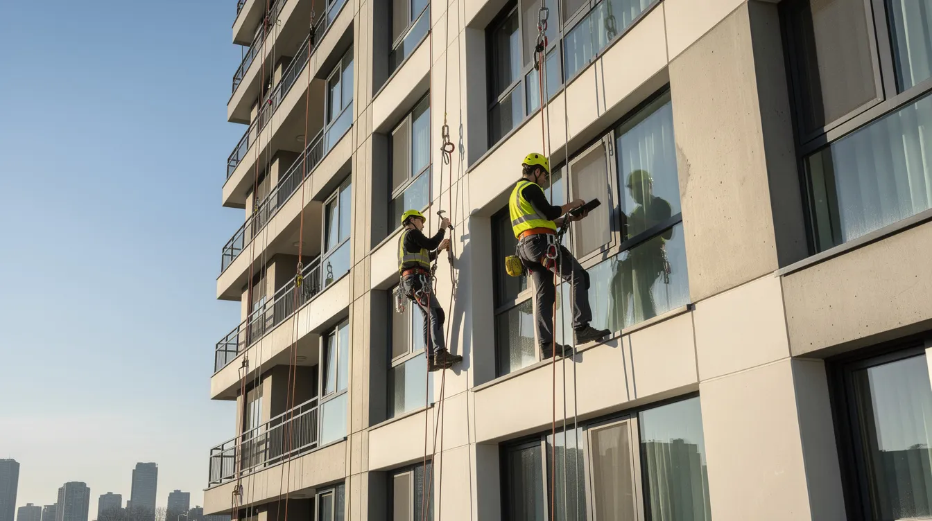 The image shows inspectors using rope access to conduct a periodic façade inspection on the exterior wall of a high-rise residential building, ensuring the safety and integrity of the building façade. They are examining for visible defects and potential safety hazards, highlighting the importance of regular inspections by accredited facade inspectors as mandated by building control regulations.