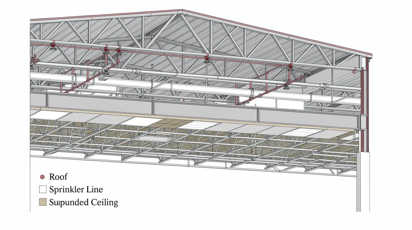 The image depicts a cross-section illustration of a factory showing a suspended ceiling designed to accommodate roof-mounted sprinklers, emphasizing fire safety provisions such as the automatic sprinkler system and fire alarm devices. This layout highlights important elements like fire rated walls and access panels, crucial for compliance with fire safety plans and the fire code in industrial buildings.