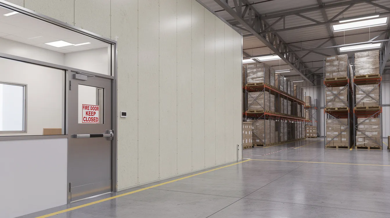 The image depicts the interior of a warehouse, featuring a fire-rated wall that separates the office area from the storage zone, with a visible fire door ensuring compliance with fire safety regulations. This setup highlights essential fire protection systems, contributing to the overall safety and emergency preparedness of the building.