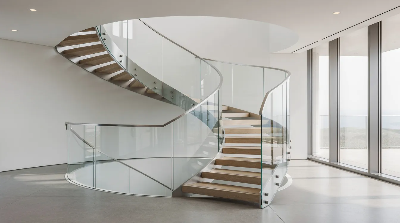 The image features a beautifully designed curved glass staircase balustrade in a modern luxury residential interior, illuminated by natural light. This elegant architectural element highlights the importance of accurate design drawings and planning ahead to avoid common mistakes that can lead to costly rework during installation.