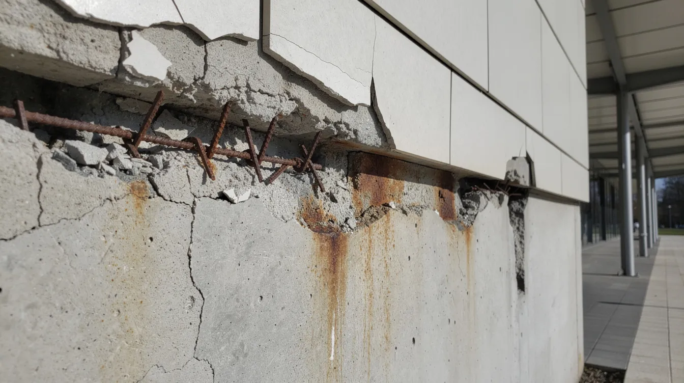 The image shows a close-up view of spalling concrete and deteriorated cladding on a building podium facade, highlighting visible signs of facade deterioration near a covered walkway. This condition underscores the importance of periodic facade inspection by accredited facade inspectors to ensure public safety and compliance with the Building Control Act.