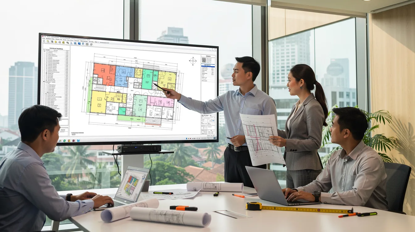 An engineering team is gathered in a Singapore consulting office, intently reviewing office fit-out drawings displayed on a large monitor. The focus is on ensuring compliance with fire safety standards and structural integrity, essential for successful office renovation projects.