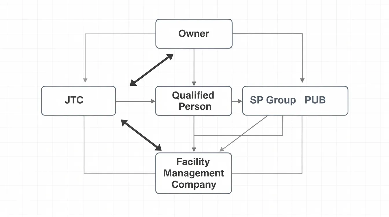 The diagram illustrates the stakeholder relationships in a construction project, highlighting key parties such as the owner, JTC, qualified person, SP Group, PUB, and the facility management company. It emphasizes the importance of clear communication and coordination among the project team to ensure a successful renovation and compliance with relevant authorities.