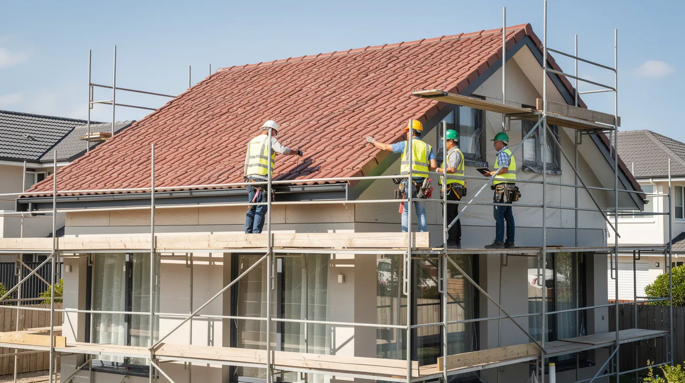 The image shows scaffolding set up around a landed house, where workers are conducting a roof inspection on the pitched tile roof. They are assessing the roof structure for potential vulnerabilities, ensuring proper waterproofing to prevent leaks during heavy rainfall, especially in Singapore's tropical climate.