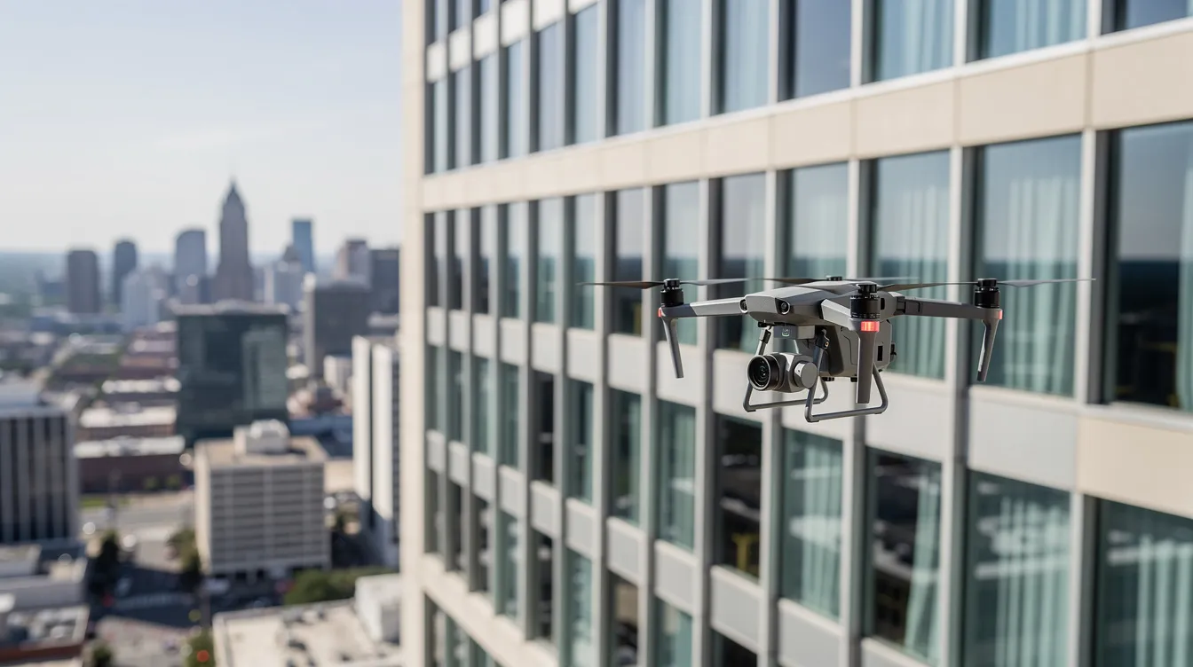 A drone is flying close to a modern hotel building's facade, capturing detailed imagery for a periodic facade inspection, with a vibrant city skyline visible in the background. The image highlights the use of unmanned aircraft systems in building control, emphasizing the importance of safety measures for building owners and facade inspectors.