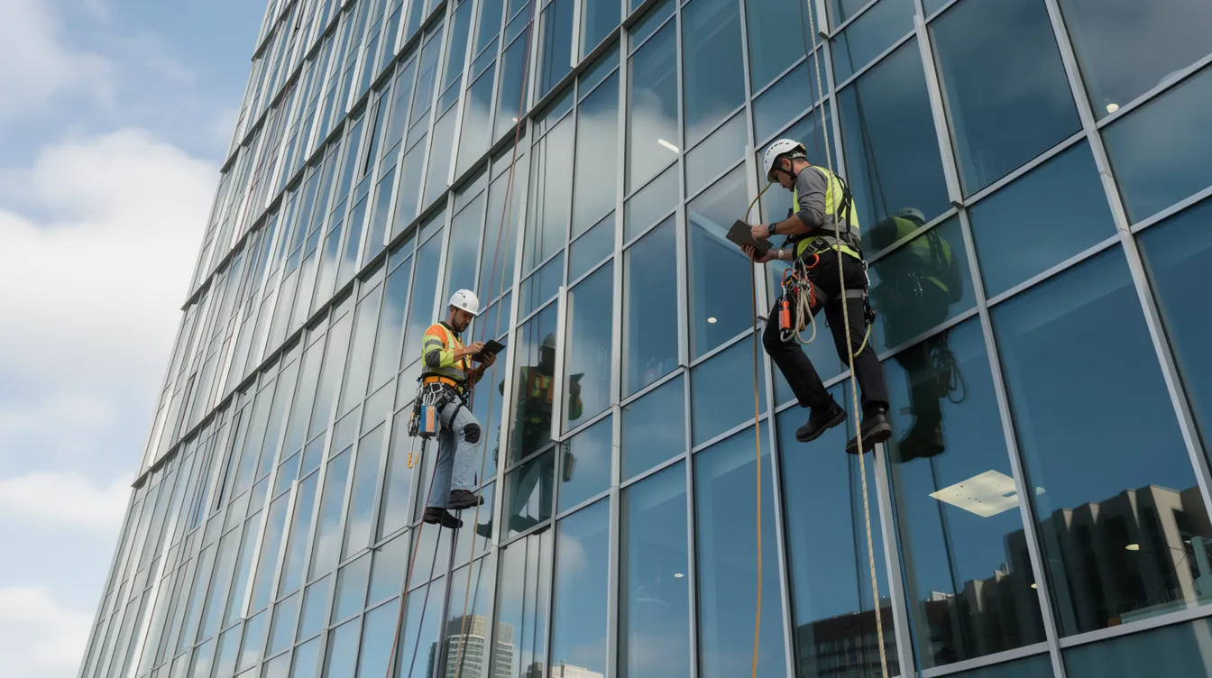 An inspection team is using rope access equipment to conduct a periodic facade inspection on a tall commercial building featuring glass panels. The team is focused on identifying any unsafe façade defects and ensuring public safety while adhering to the building control act and guidelines from the Building and Construction Authority.