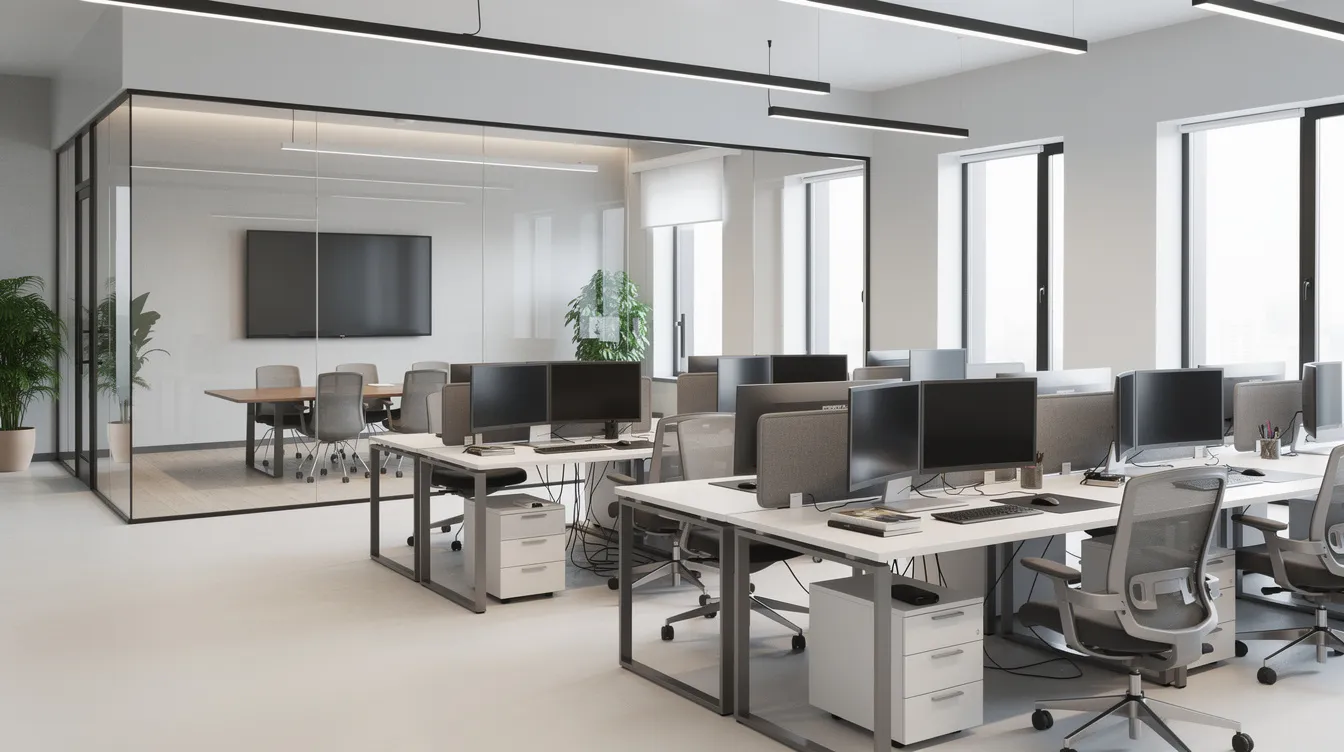 The image features a modern office interior showcasing sleek workstations and a meeting room, which is visible through a glass wall. This design emphasizes efficient space planning and quality interior design, ideal for enhancing business operations in a commercial space.