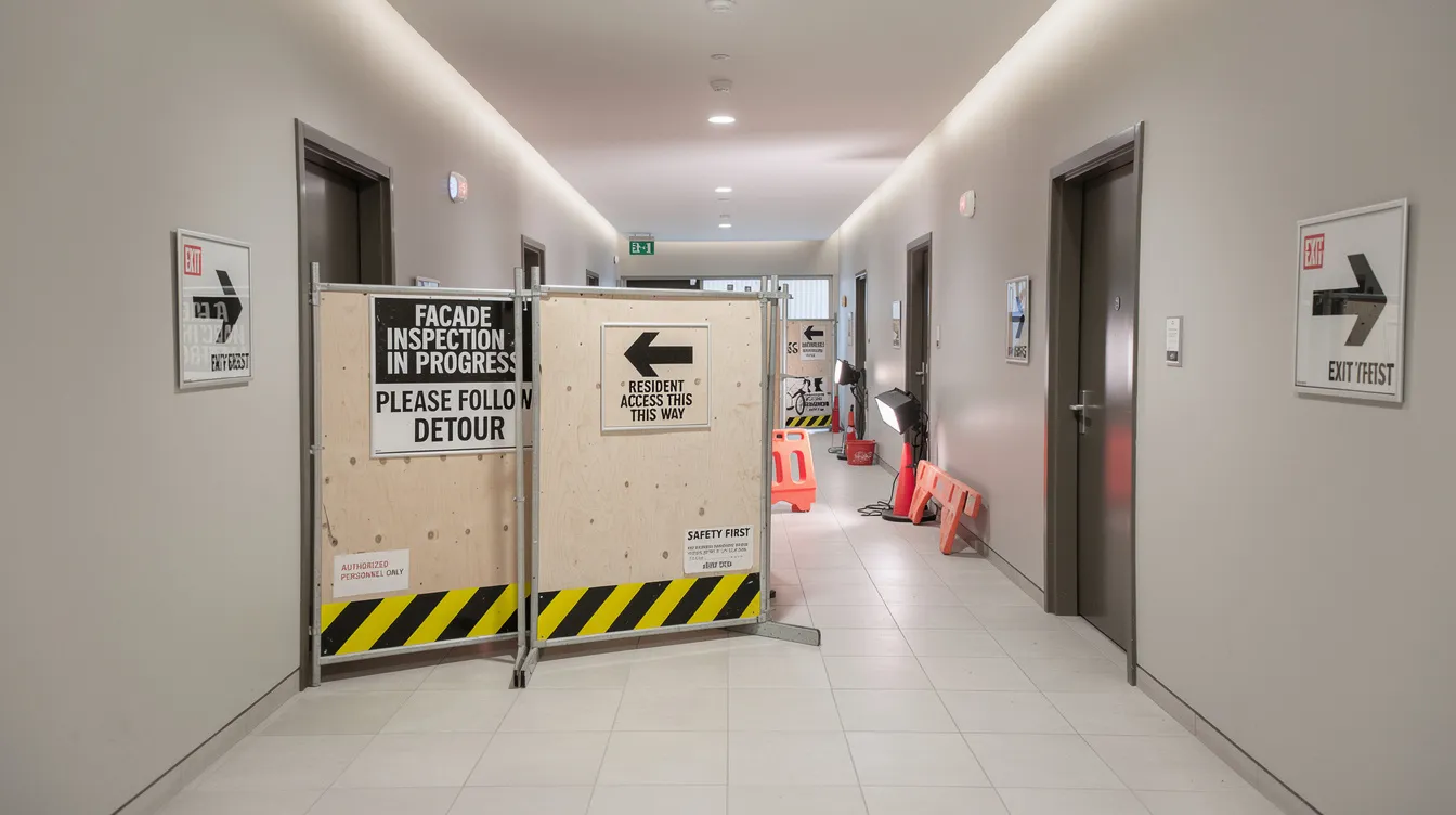 The image depicts a condominium corridor featuring safety hoarding and clear signage directing residents during the periodic façade inspection works. The signs emphasize the importance of public safety and outline the temporary safety measures in place while facade inspectors conduct a visual inspection of the building's exterior features.