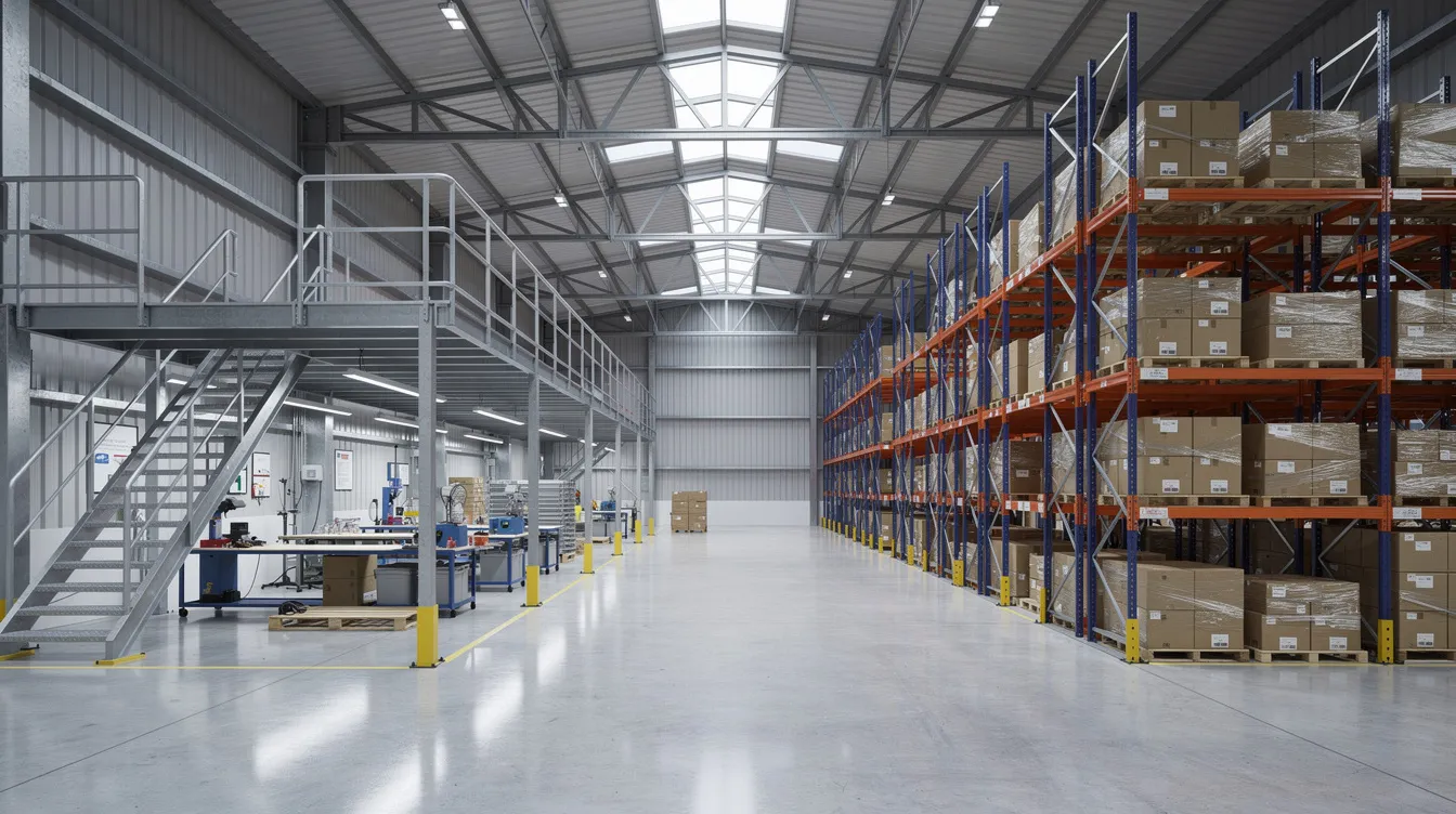 The image depicts the interior of an industrial warehouse featuring a steel mezzanine structure and high bay racking, which are essential for maximizing storage capacity and operational efficiency. This layout reflects the compliance with safety standards and regulations outlined by the Building and Construction Authority (BCA) in Singapore, ensuring a safe and organized environment for business operations.