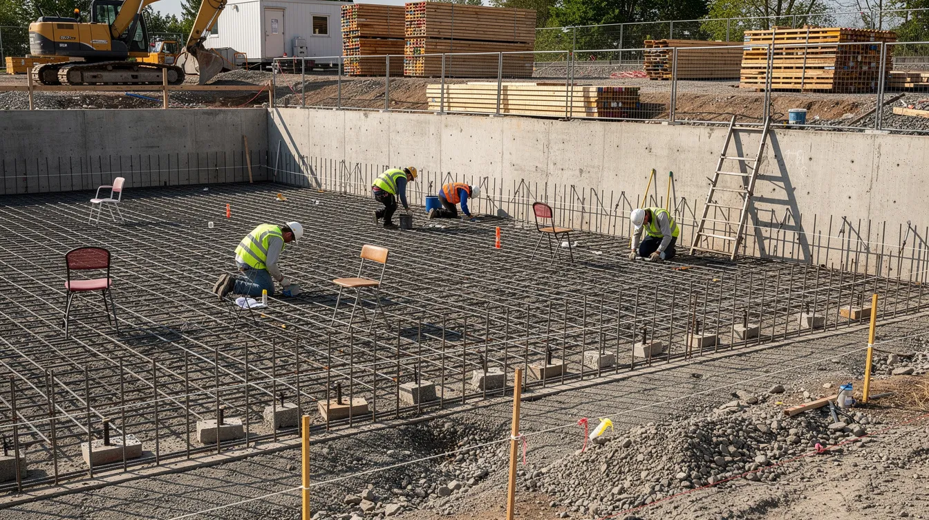 A group of construction workers is diligently installing reinforcement steel for a retaining wall footing at a commercial site, ensuring compliance with construction plans and safety regulations. This crucial step is part of a renovation project that requires professional engineer endorsements to avoid costly delays and meet project requirements.
