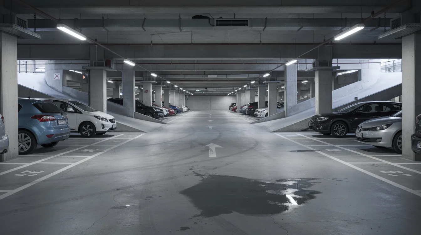 The image depicts the interior of a multi-storey car park, showcasing concrete columns and ramps, along with parked vehicles illuminated by fluorescent lighting. This setting highlights the importance of periodic structural inspections (psi) to ensure the structural integrity and safety of non-residential buildings like car parks, which are essential for building owners to monitor for any potential structural defects.