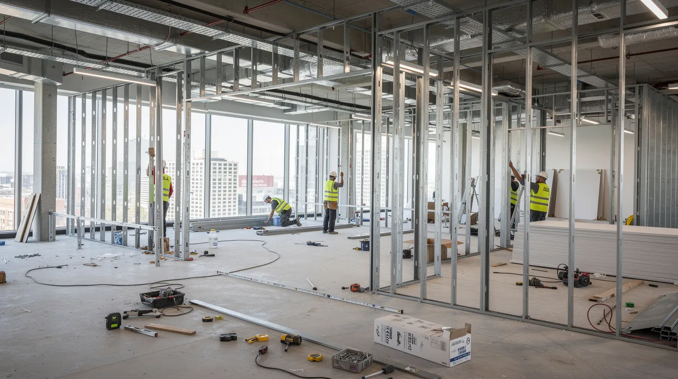 The image shows structural steel framing being installed inside a commercial office space during the fit-out process. This installation is crucial for ensuring the structural integrity of the building and is part of a successful office renovation, which requires compliance with safety standards and the approval process set by the Building and Construction Authority in Singapore.
